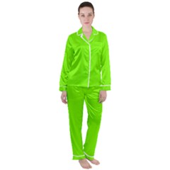 Color Chartreuse Satin Long Sleeve Pajamas Set by Kultjers