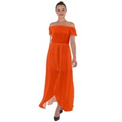 Color Orange Red Off Shoulder Open Front Chiffon Dress by Kultjers