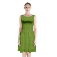 Color Olive Drab Sleeveless Waist Tie Chiffon Dress by Kultjers