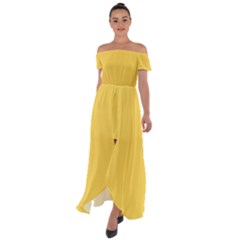 Color Mustard Off Shoulder Open Front Chiffon Dress by Kultjers