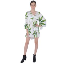Cannabis Curative Cut Out Drug V-neck Flare Sleeve Mini Dress by Dutashop