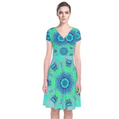 Blue Green  Twist Short Sleeve Front Wrap Dress by LW323