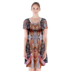 Abstract Marbling Symmetry Short Sleeve V-neck Flare Dress by kaleidomarblingart