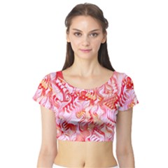 Cherry Blossom Cascades Abstract Floral Pattern Pink White  Short Sleeve Crop Top by CrypticFragmentsDesign