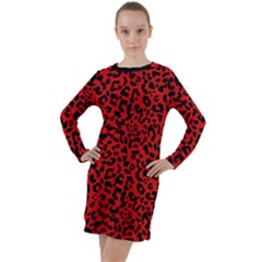 Red And Black Leopard Spots, Animal Fur Long Sleeve Hoodie Dress by Casemiro