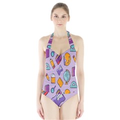 Back To School And Schools Out Kids Pattern Halter Swimsuit by DinzDas