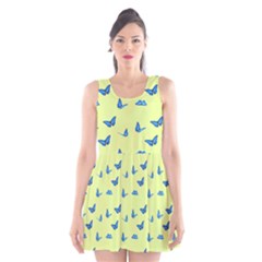 Blue Butterflies At Lemon Yellow, Nature Themed Pattern Scoop Neck Skater Dress by Casemiro