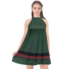 Dark Green Solid Dark Green Black Red Stripe Curved Dark Green Black Red Stripe Halter Neckline Chiffon Dress  by Abe731