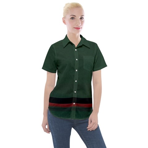 Dark Green Solid Dark Green Black Red Stripe Curved Dark Green Black Red Stripe Women s Short Sleeve Pocket Shirt by Abe731