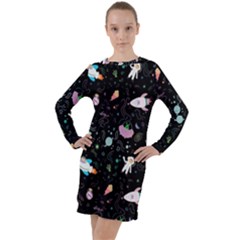 Funny Astronauts, Rockets And Rainbow Space Long Sleeve Hoodie Dress by SychEva