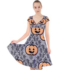 Pumpkin Pattern Cap Sleeve Front Wrap Midi Dress by InPlainSightStyle