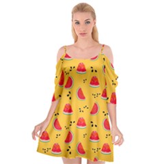 Slices Of Juicy Red Watermelon On A Yellow Background Cutout Spaghetti Strap Chiffon Dress by SychEva