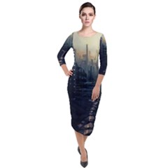 Apocalypse-post-apocalyptic Quarter Sleeve Midi Velour Bodycon Dress by Sudhe