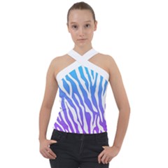 White Tiger Purple & Blue Animal Fur Print Stripes Cross Neck Velour Top by Casemiro