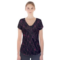 Pink Abstract Flowers With Splashes On A Dark Background  Abstract Print Short Sleeve Front Detail Top by SychEva