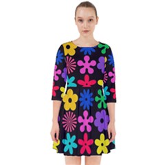 Colorful Flowers On A Black Background Pattern                                                          Smock Dress by LalyLauraFLM
