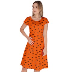 Halloween, Black Bats Pattern On Orange Classic Short Sleeve Dress by Casemiro