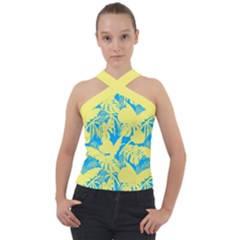 Yellow And Blue Leafs Silhouette At Sky Blue Cross Neck Velour Top by Casemiro