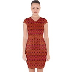 Red Pattern Capsleeve Drawstring Dress  by Sparkle