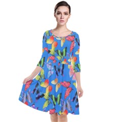 Bright Butterflies Circle In The Air Quarter Sleeve Waist Band Dress by SychEva