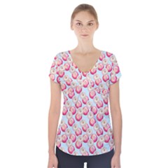 Pink And White Donuts On Blue Short Sleeve Front Detail Top by SychEva