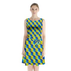 Illusion Waves Pattern Sleeveless Waist Tie Chiffon Dress by Sparkle