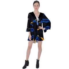 Digital Illusion V-neck Flare Sleeve Mini Dress by Sparkle