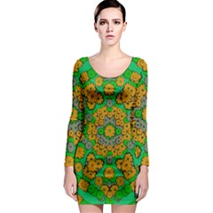 Stars Of Decorative Colorful And Peaceful  Flowers Long Sleeve Bodycon Dress by pepitasart