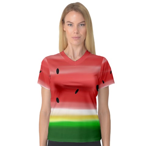 Painted Watermelon Pattern, Fruit Themed Apparel V-neck Sport Mesh Tee by Casemiro