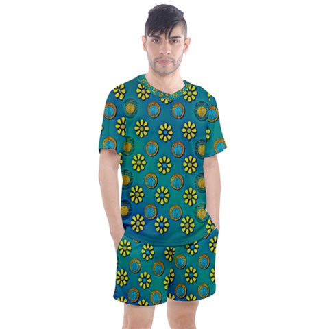 Yellow And Blue Proud Blooming Flowers Men s Mesh Tee And Shorts Set by pepitasart