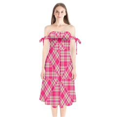 Pink Tartan-10 Shoulder Tie Bardot Midi Dress by tartantotartanspink