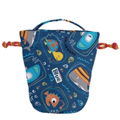 Seamless-pattern-vector-submarine-with-sea-animals-cartoon Drawstring Bucket Bag by Jancukart
