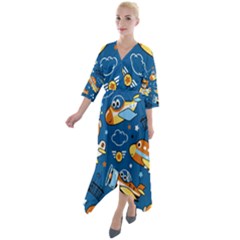 Seamless-pattern-with-nice-planes-cartoon Quarter Sleeve Wrap Front Maxi Dress by Jancukart