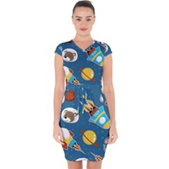 Seamless-pattern-vector-with-spacecraft-funny-animals-astronaut Capsleeve Drawstring Dress  by Jancukart