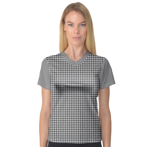 Soot Black And White Handpainted Houndstooth Check Watercolor Pattern V-neck Sport Mesh Tee by PodArtist