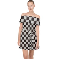 Large Black And White Watercolored Checkerboard Chess Off Shoulder Chiffon Dress by PodArtist