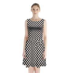 Black And White Watercolored Checkerboard Chess Sleeveless Waist Tie Chiffon Dress by PodArtist