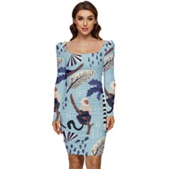 Tropical-leaves-seamless-pattern-with-monkey Women Long Sleeve Ruched Stretch Jersey Dress by nate14shop