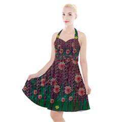 Floral Vines Over Lotus Pond In Meditative Tropical Style Halter Party Swing Dress  by pepitasart
