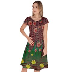 Floral Vines Over Lotus Pond In Meditative Tropical Style Classic Short Sleeve Dress by pepitasart