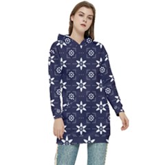 White Blue Floral Pattern Women s Long Oversized Pullover Hoodie by designsbymallika