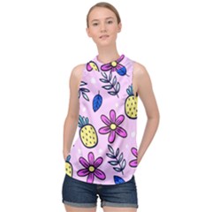 Flowers Purple High Neck Satin Top by nateshop