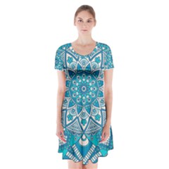 Mandala Blue Short Sleeve V-neck Flare Dress by zappwaits