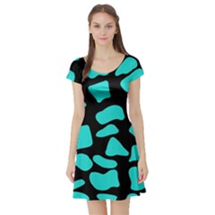 Neon Cow Dots Blue Turquoise And Black Short Sleeve Skater Dress by ConteMonfrey