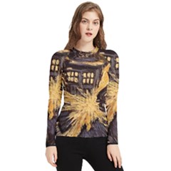 Brown And Black Abstract Painting Doctor Who Tardis Vincent Van Gogh Women s Long Sleeve Rash Guard by danenraven