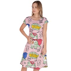 Seamless Pattern With Many Funny Cute Superhero Dinosaurs T-rex Mask Cloak With Comics Style Classic Short Sleeve Dress by Ravend