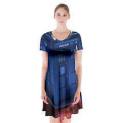 The Police Box Tardis Time Travel Device Used Doctor Who Short Sleeve V-neck Flare Dress by Jancukart