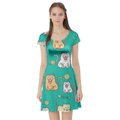 Seamless-pattern-cute-cat-cartoon-with-hand-drawn-style Short Sleeve Skater Dress by Jancukart