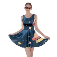 Seamless Pattern With Funny Alien Cat Galaxy Skater Dress by Wegoenart