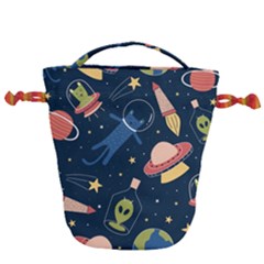 Seamless Pattern With Funny Alien Cat Galaxy Drawstring Bucket Bag by Wegoenart